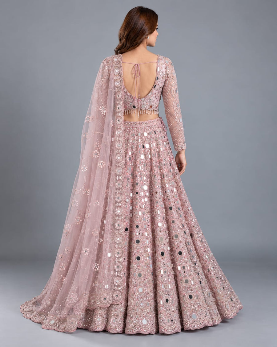 Blush Pink Mirror Work Lehenga and Net Dupatta