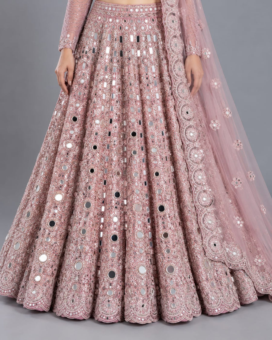 Blush Pink Mirror Work Lehenga and Net Dupatta