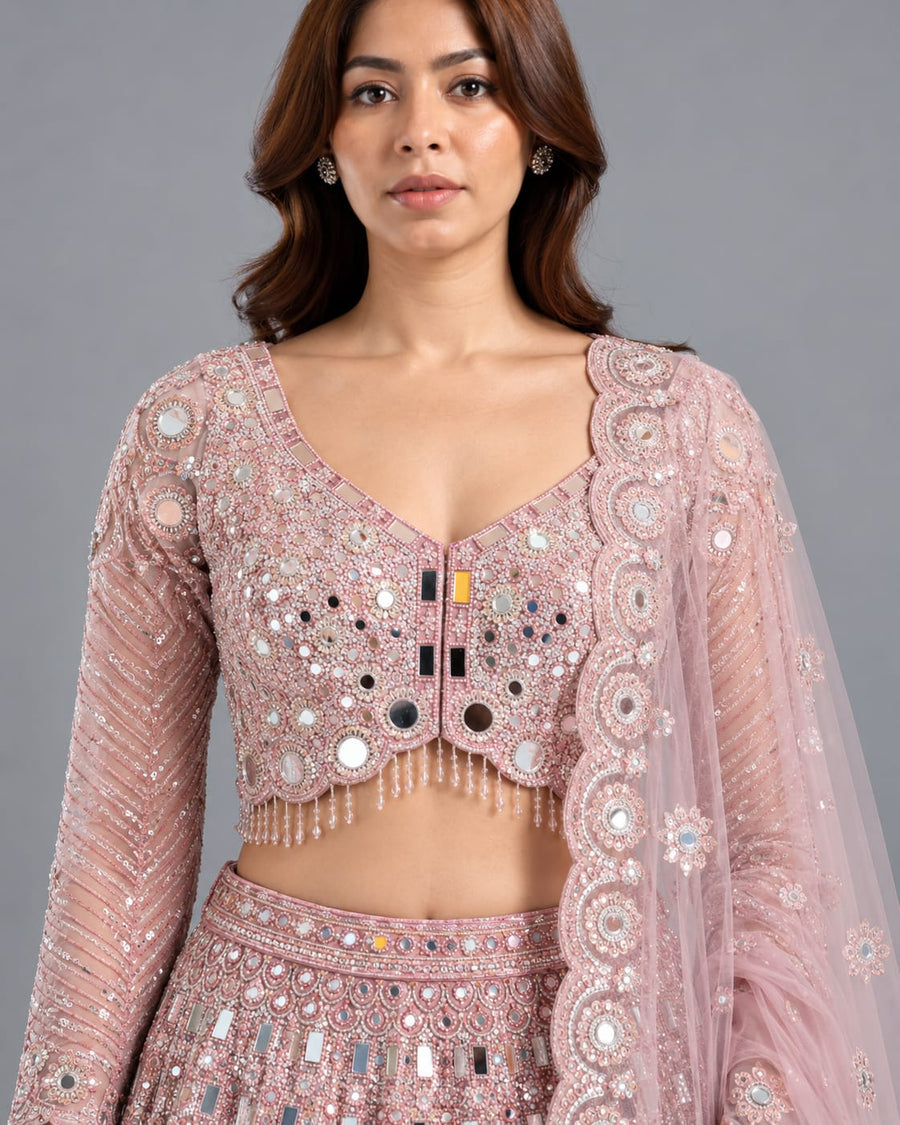 Blush Pink Mirror Work Lehenga and Net Dupatta