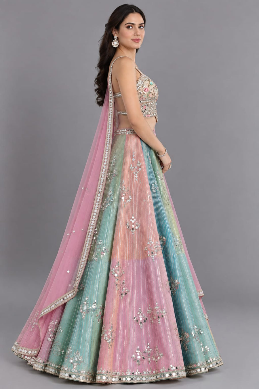 Pastel Multicolour Mirror Work Lehenga