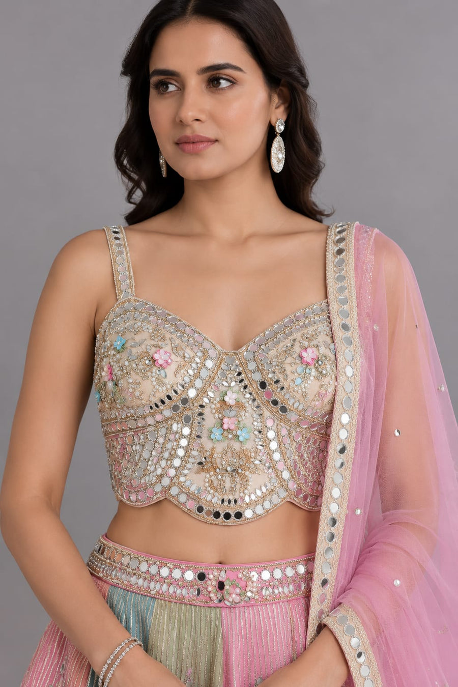 Pastel Multicolour Mirror Work Lehenga