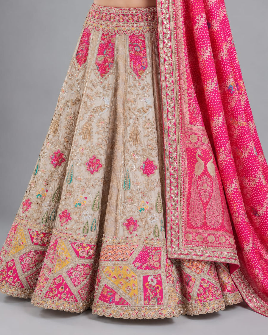 Beige & Rani Pink Embroidered Lehenga