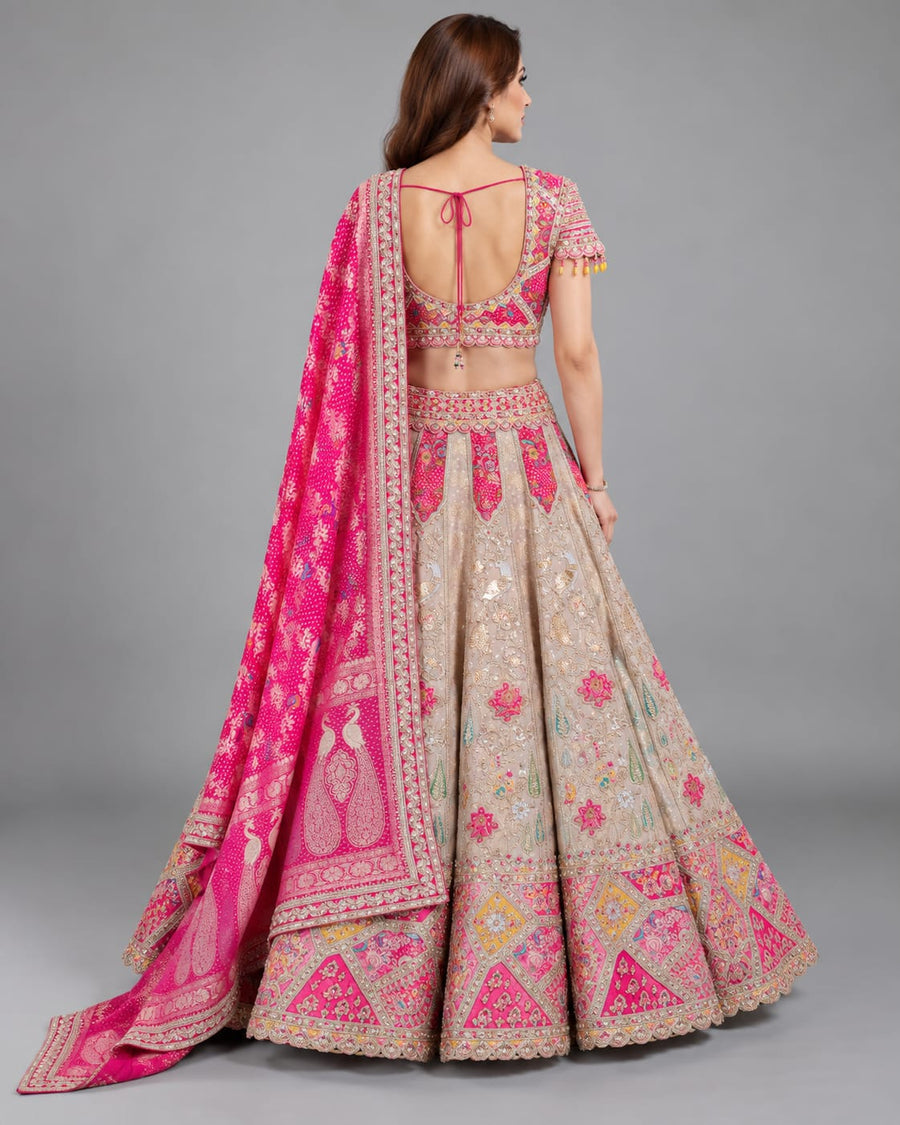 Beige & Rani Pink Embroidered Lehenga