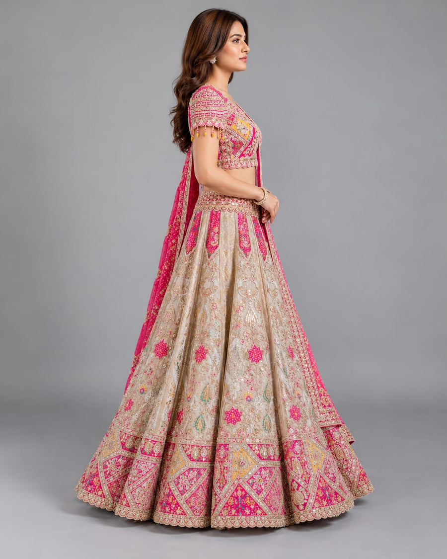 Beige & Rani Pink Embroidered Lehenga