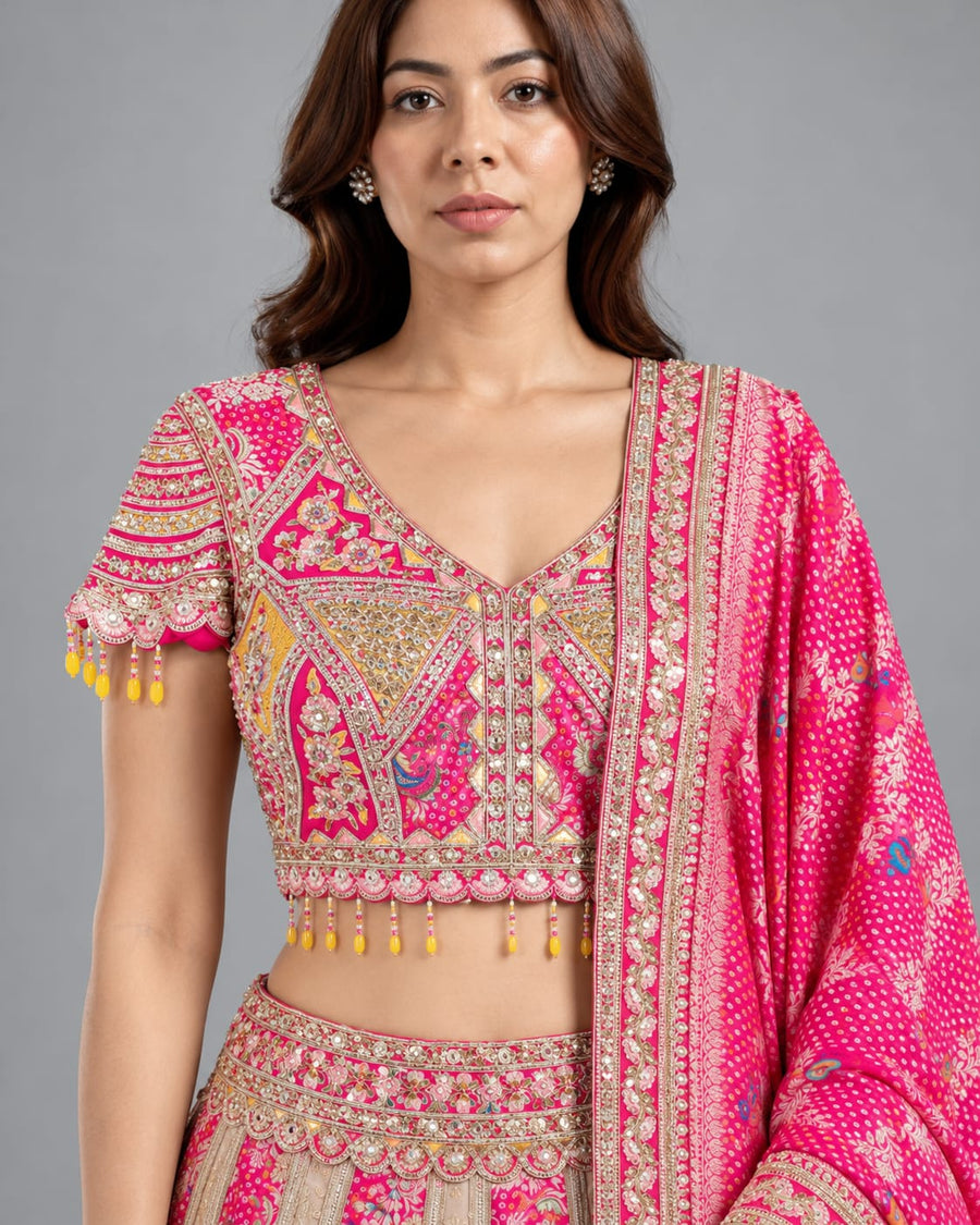Beige & Rani Pink Embroidered Lehenga