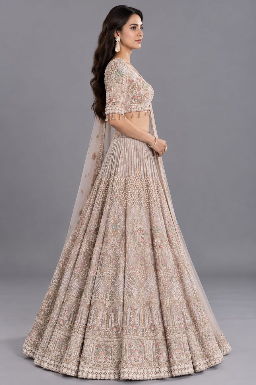 Moonlight Chikoo Pearl & Cutdana Lehenga