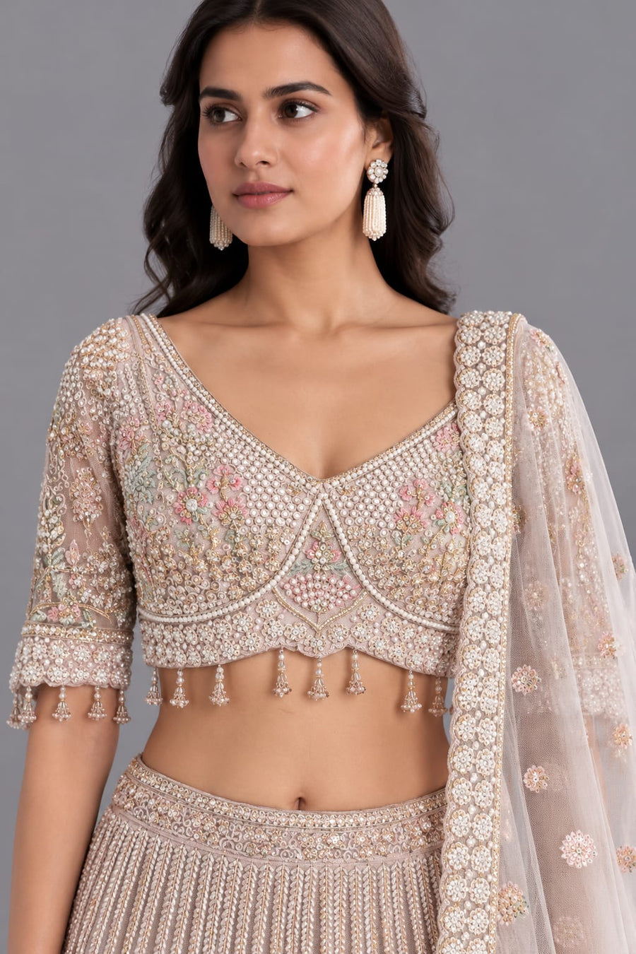 Moonlight Chikoo Pearl & Cutdana Lehenga