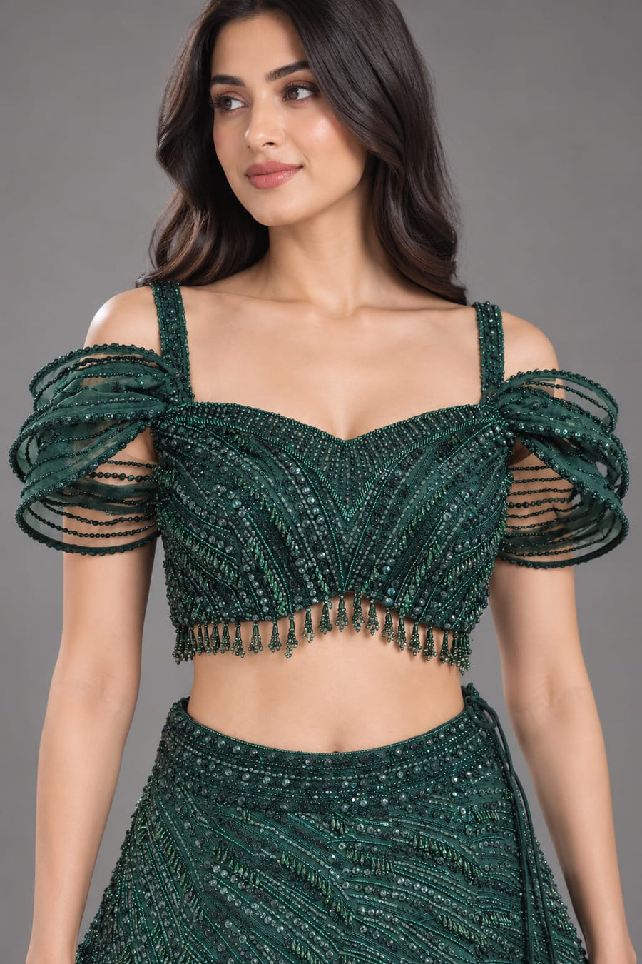 Bottle Green Elegant Flared Lehenga with Designer Blouse