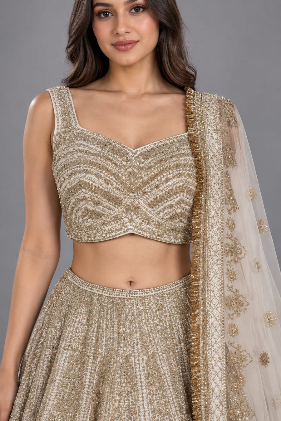 Ivory Embroidered Lehenga Set with Net Dupatta