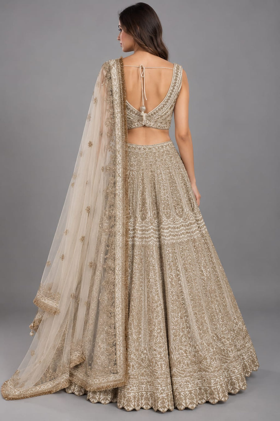 Ivory Embroidered Lehenga Set with Net Dupatta