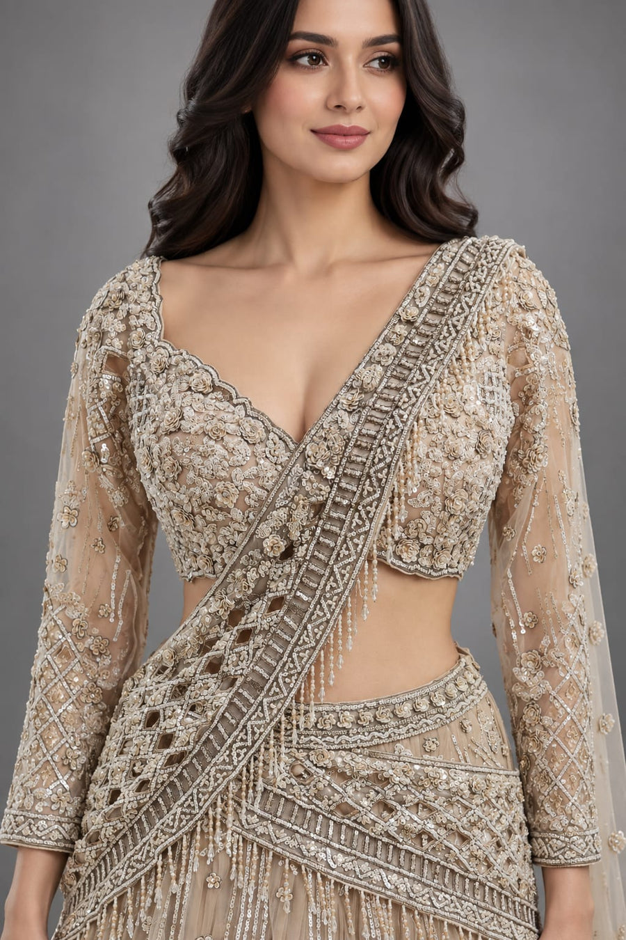 Gold Embellished Lehenga Set with Sequin Work & Net Dupatta