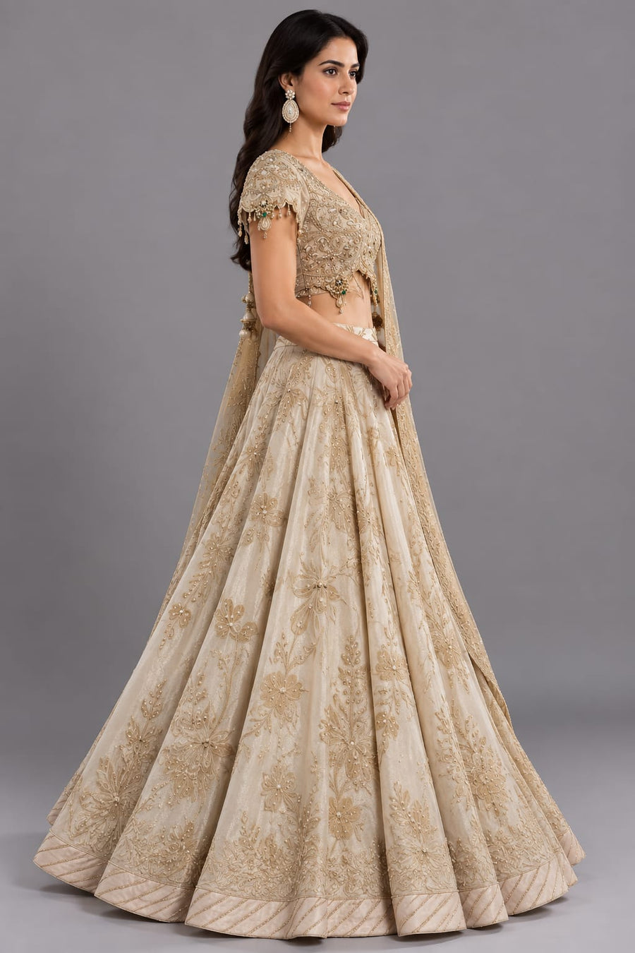 Ivory Embroidered Lehenga Set with Tassel Blouse and Dupatta