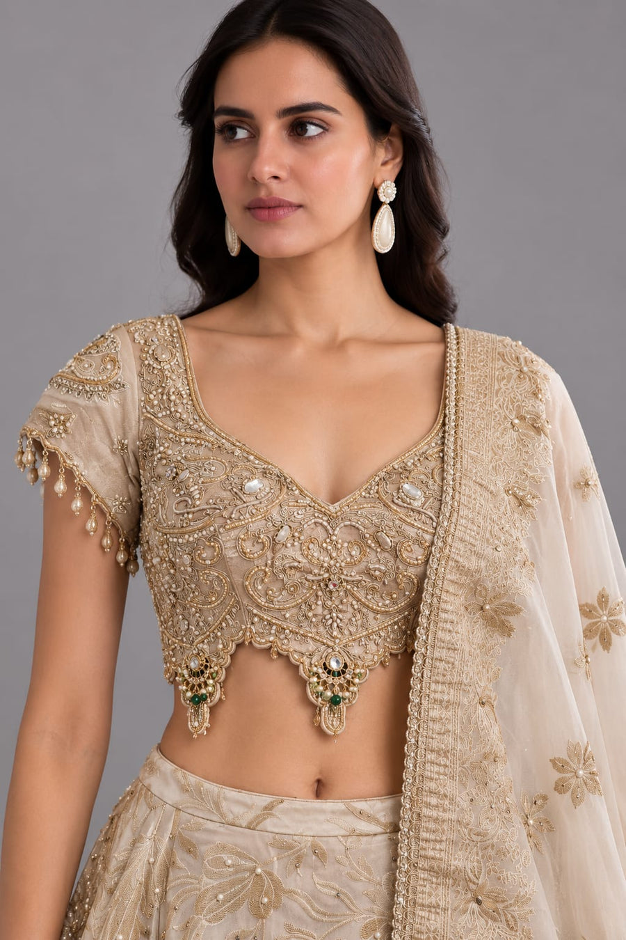 Ivory Embroidered Lehenga Set with Tassel Blouse and Dupatta