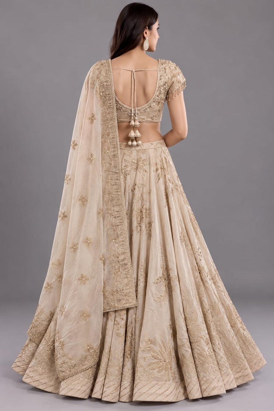 Ivory Embroidered Lehenga Set with Tassel Blouse and Dupatta