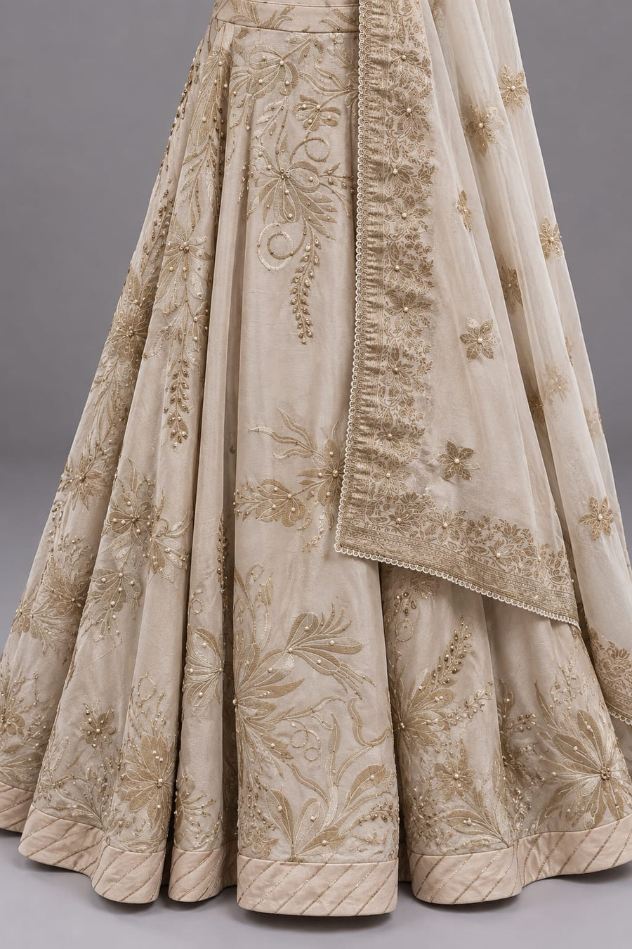 Ivory Embroidered Lehenga Set with Tassel Blouse and Dupatta