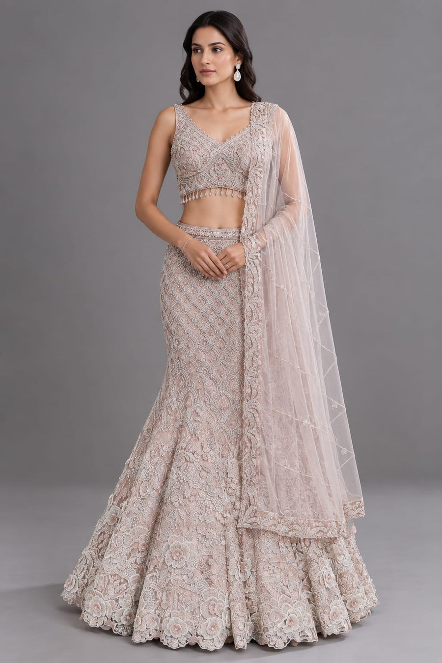  lvory Gold Embroidered Lehenga Set with Net Dupatta
