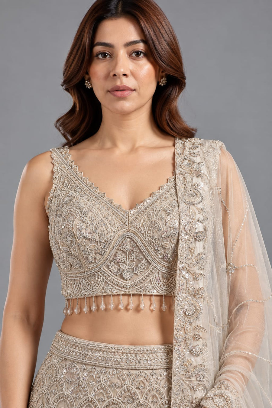  lvory Gold Embroidered Lehenga Set with Net Dupatta
