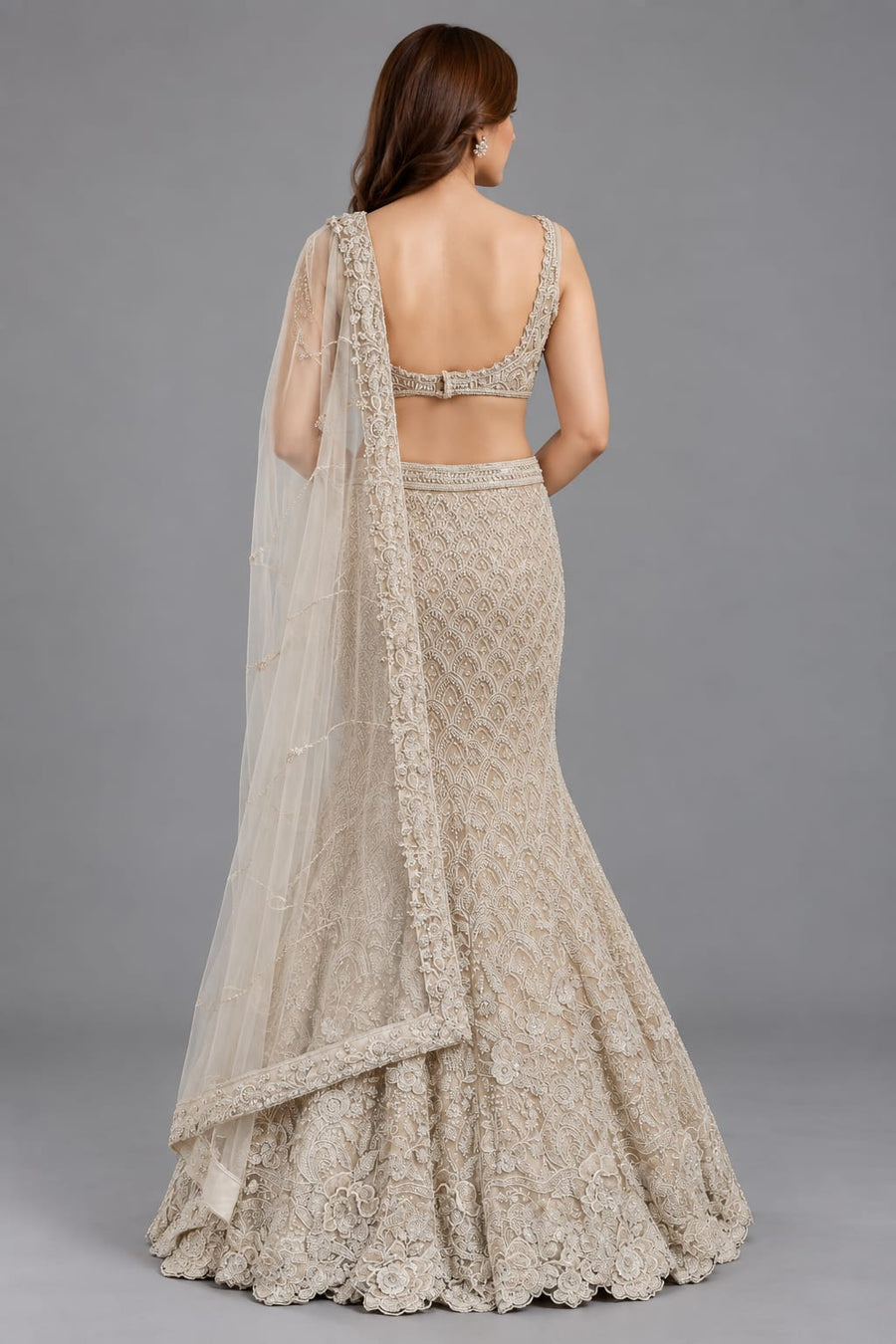  lvory Gold Embroidered Lehenga Set with Net Dupatta