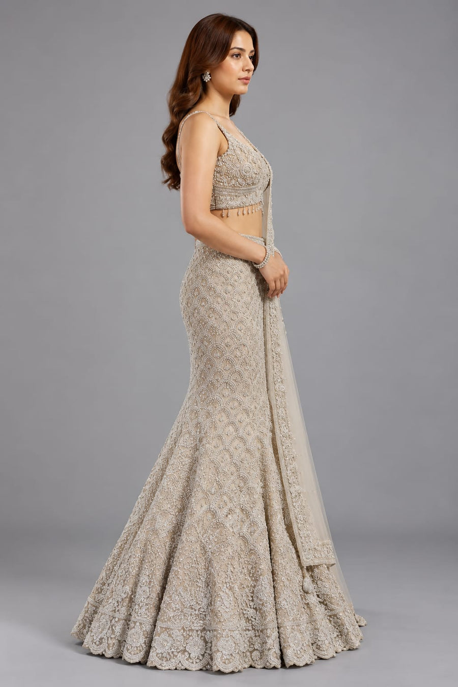  lvory Gold Embroidered Lehenga Set with Net Dupatta