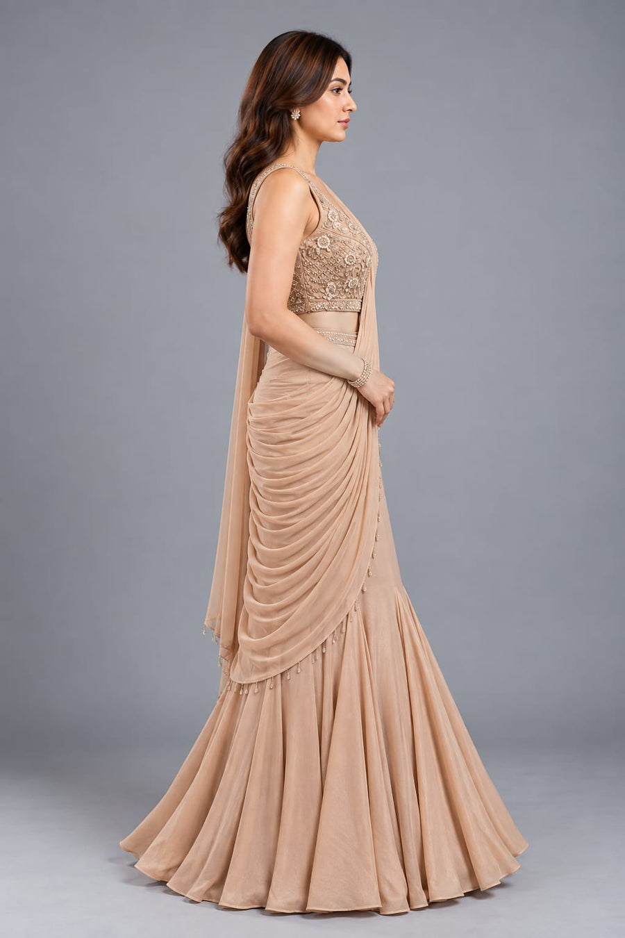 Champagne Embroidered Crop Top Lehenga with Drape Dupatta