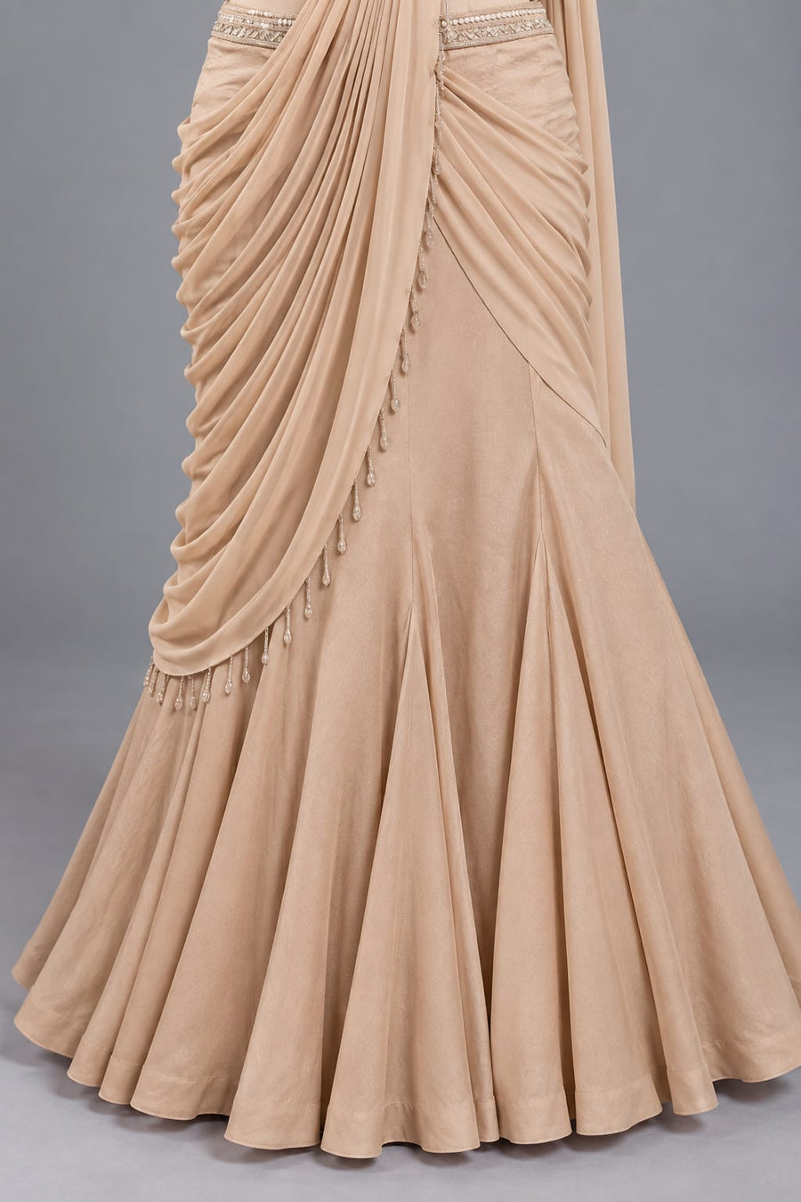 Champagne Embroidered Crop Top Lehenga with Drape Dupatta