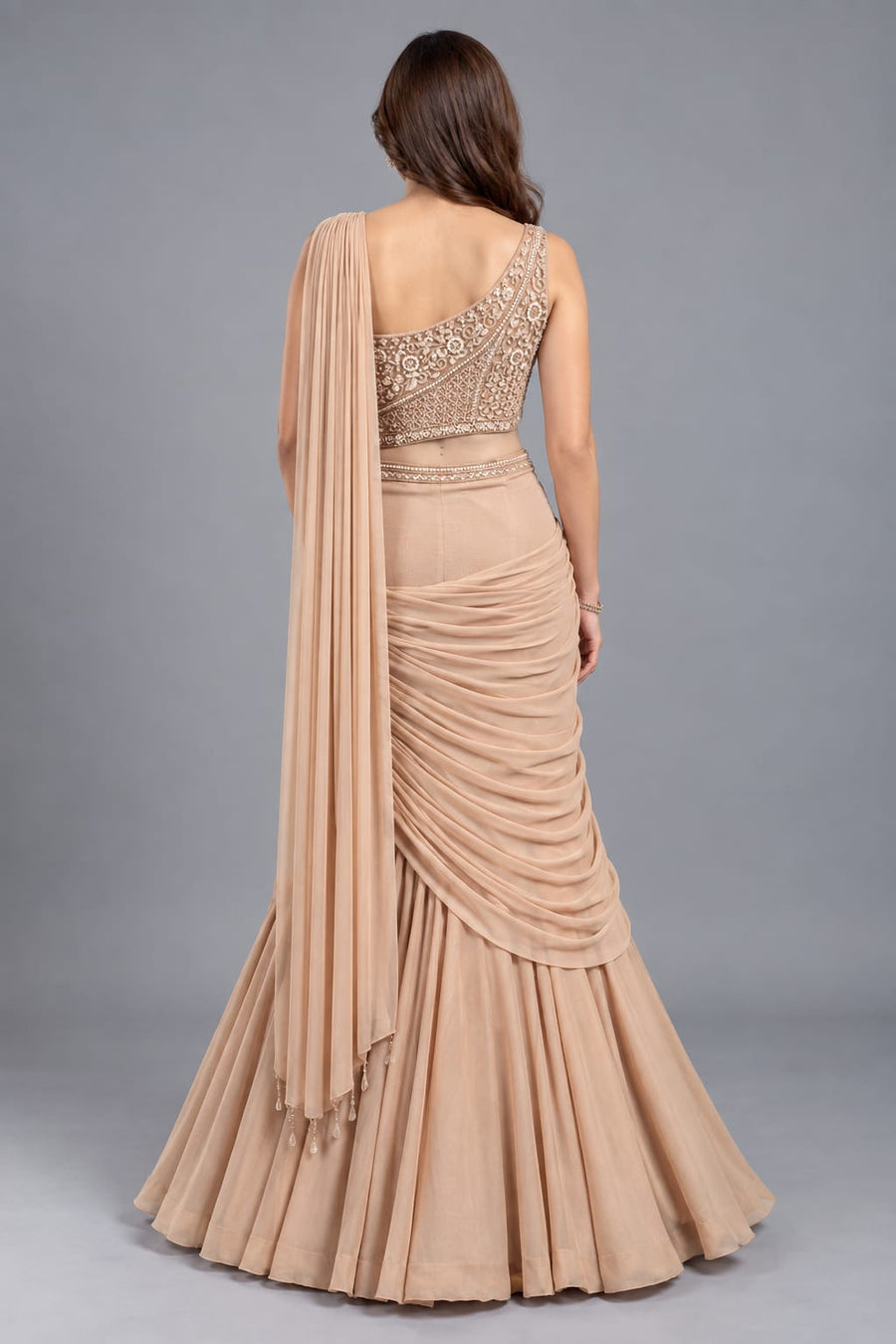 Champagne Embroidered Crop Top Lehenga with Drape Dupatta