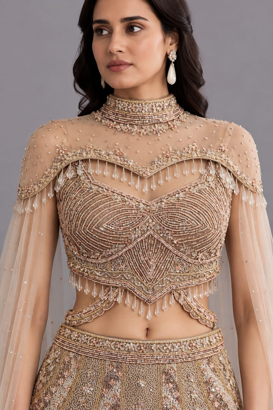 Champagne Gold Embroidered Mermaid Lehenga Set with Cape
