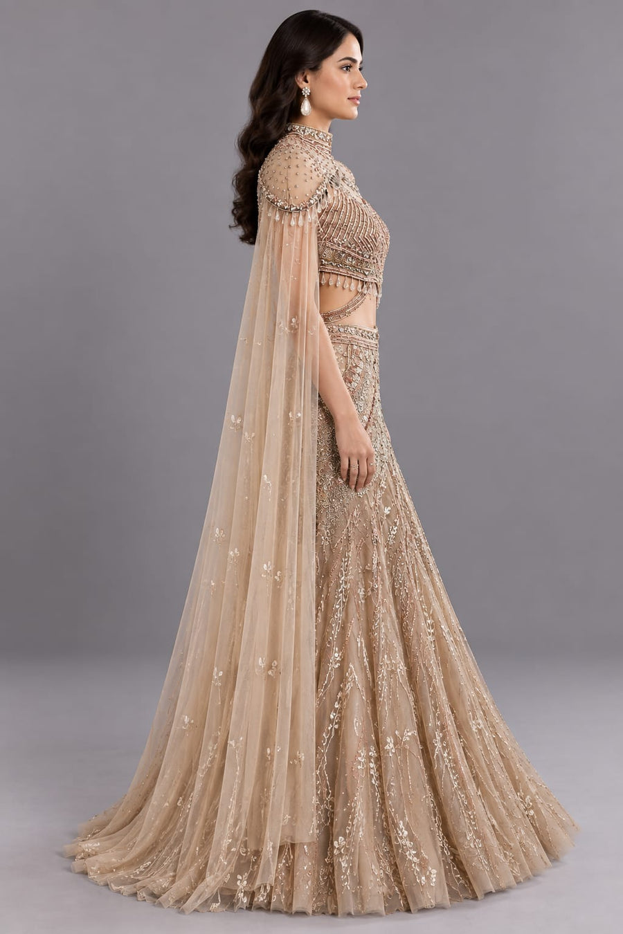 Champagne Gold Embroidered Mermaid Lehenga Set with Cape