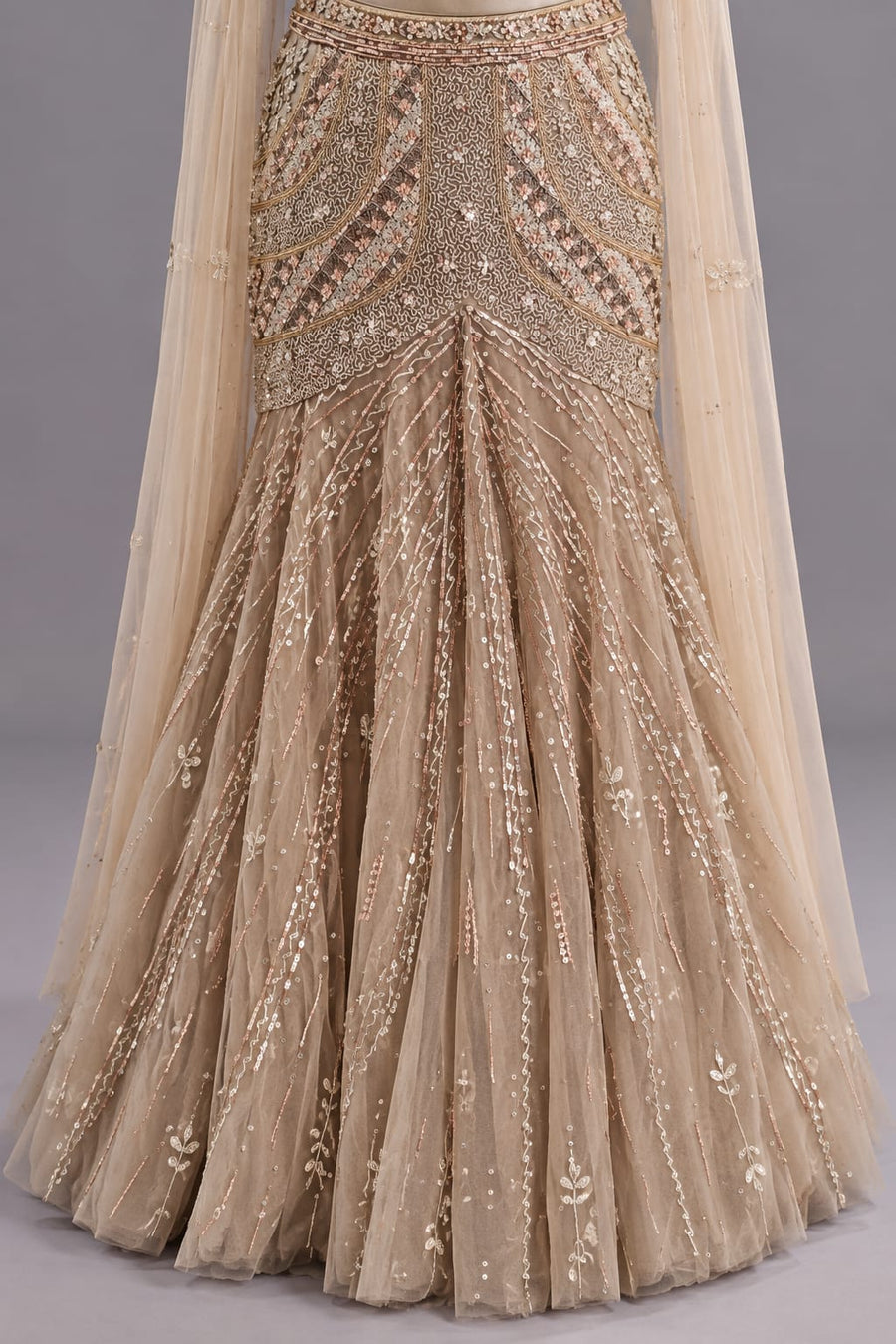 Champagne Gold Embroidered Mermaid Lehenga Set with Cape