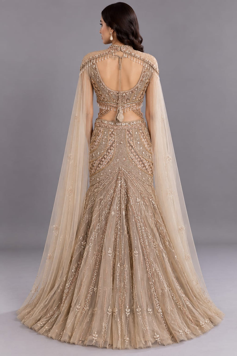 Champagne Gold Embroidered Mermaid Lehenga Set with Cape
