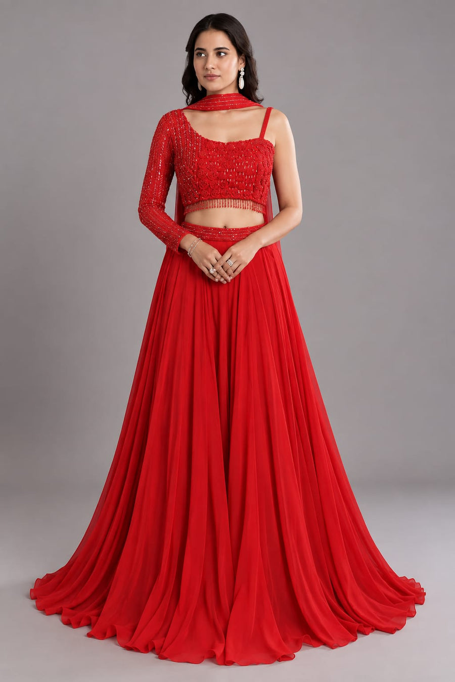 Embroidered One-Shoulder Lehenga Set with Dupatta