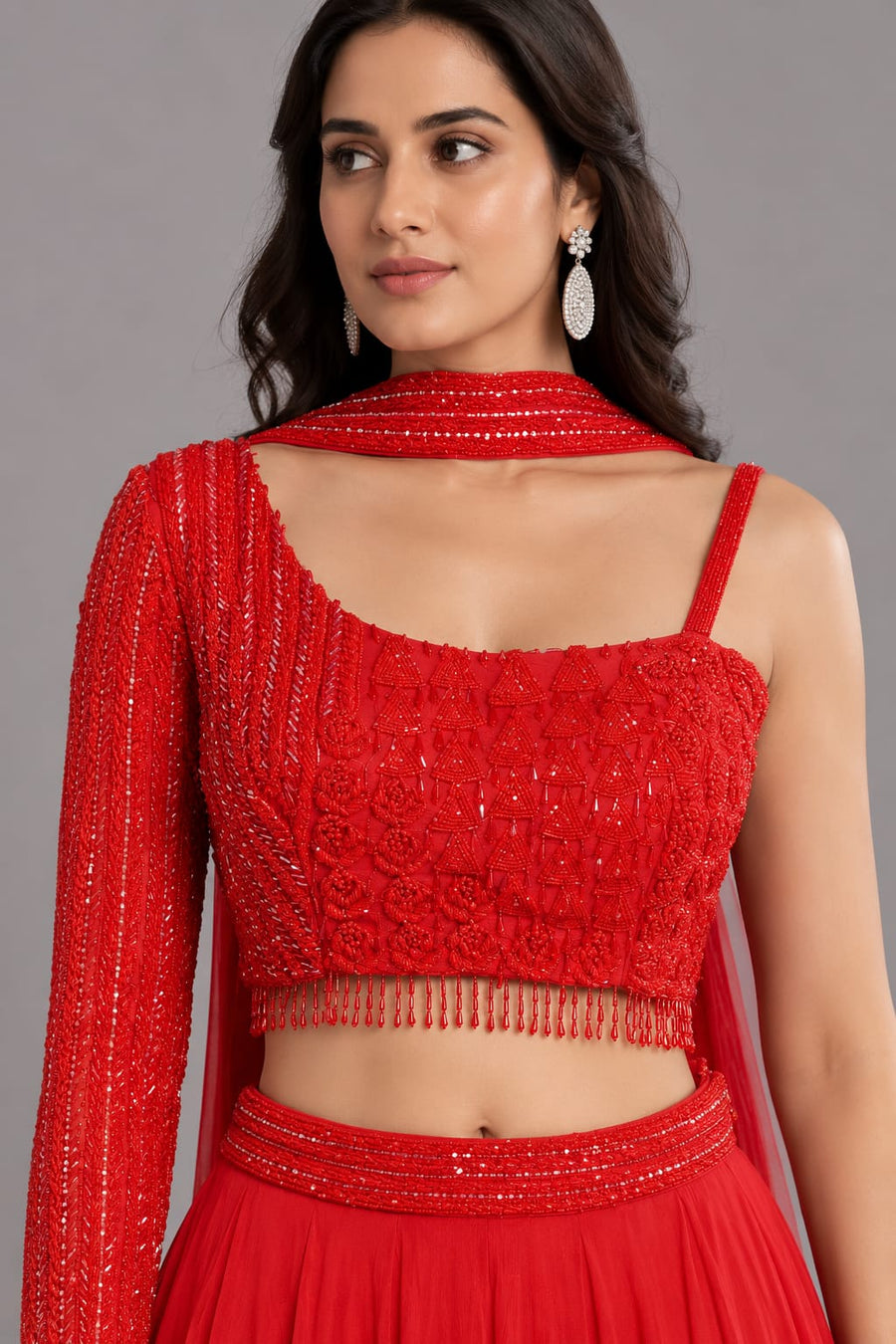 Embroidered One-Shoulder Lehenga Set with Dupatta