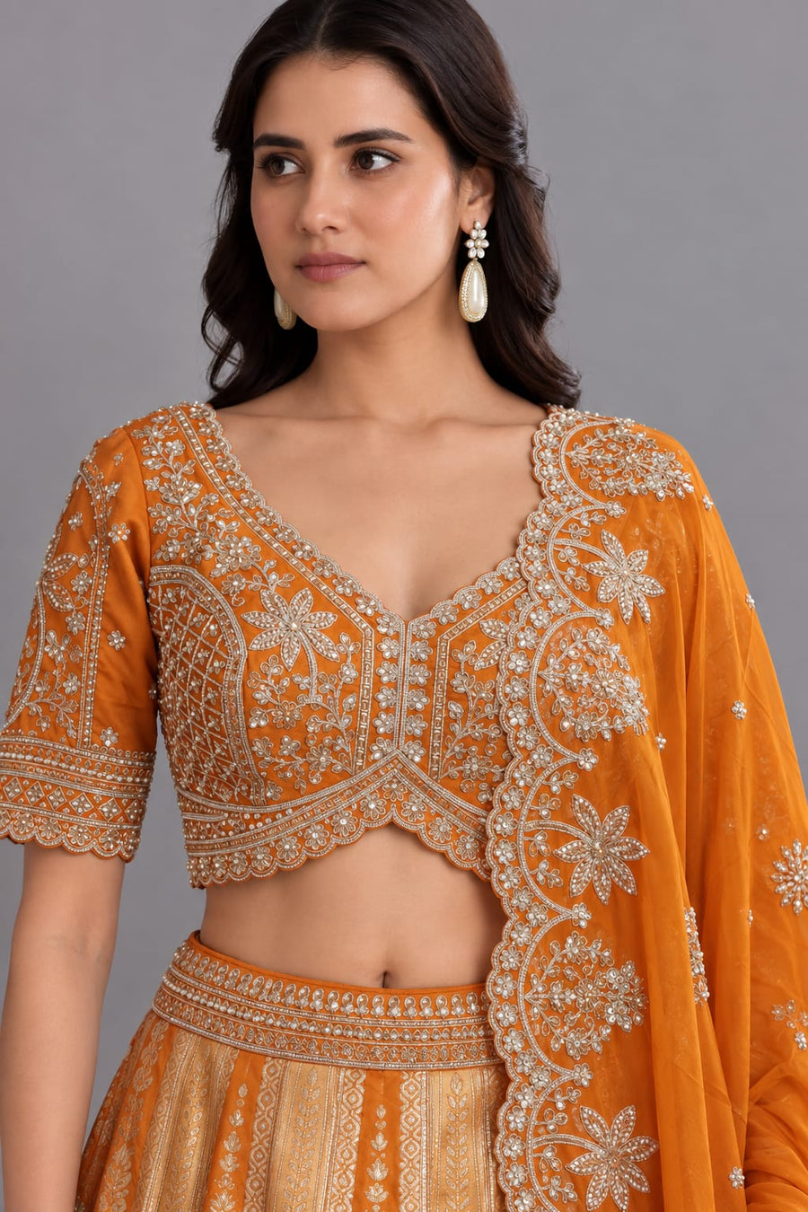 Rust Orange Embroidered Lehenga Set with Dupatta