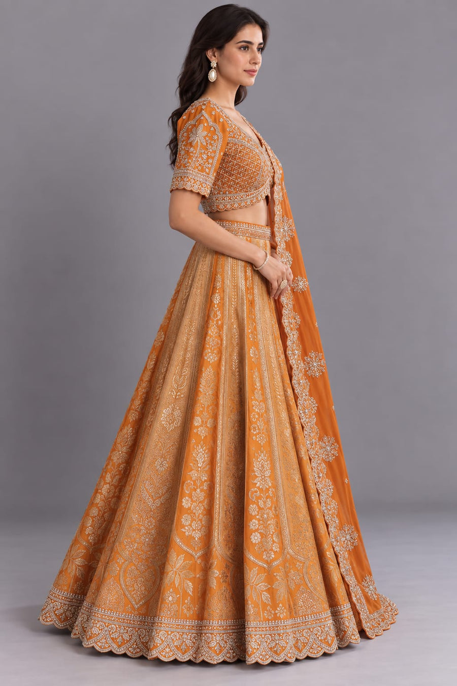 Rust Orange Embroidered Lehenga Set with Dupatta