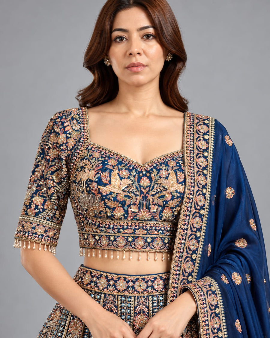 Navy Blue Heavy Embroidered Lehenga Set with Designer Blouse & Dupatta