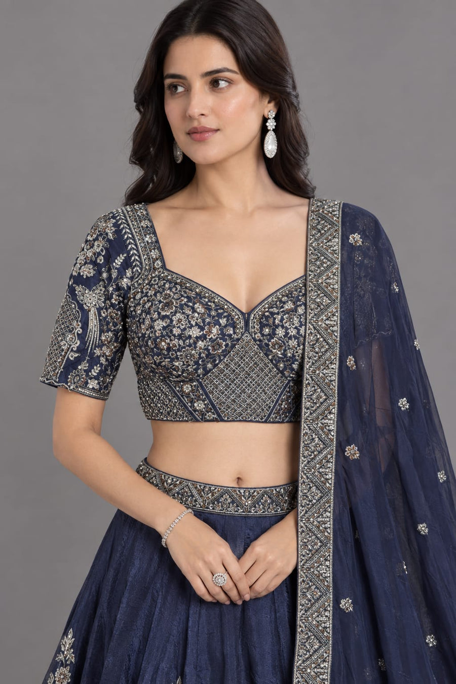 Blue Embroidered Lehenga Set with Intricate Silver Detailing