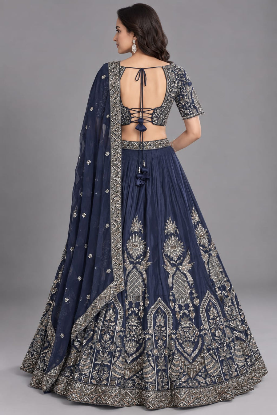 Blue Embroidered Lehenga Set with Intricate Silver Detailing
