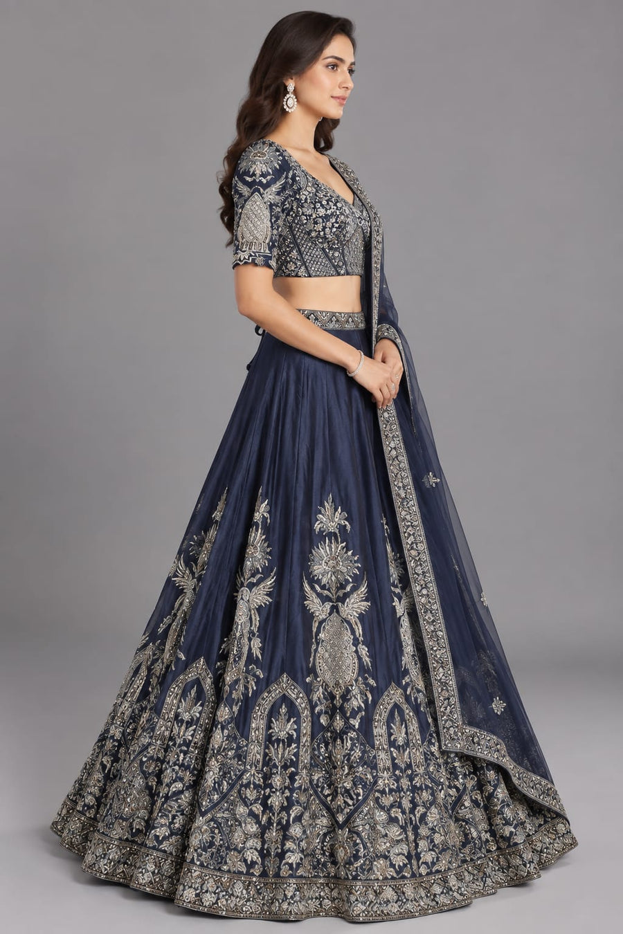 Blue Embroidered Lehenga Set with Intricate Silver Detailing