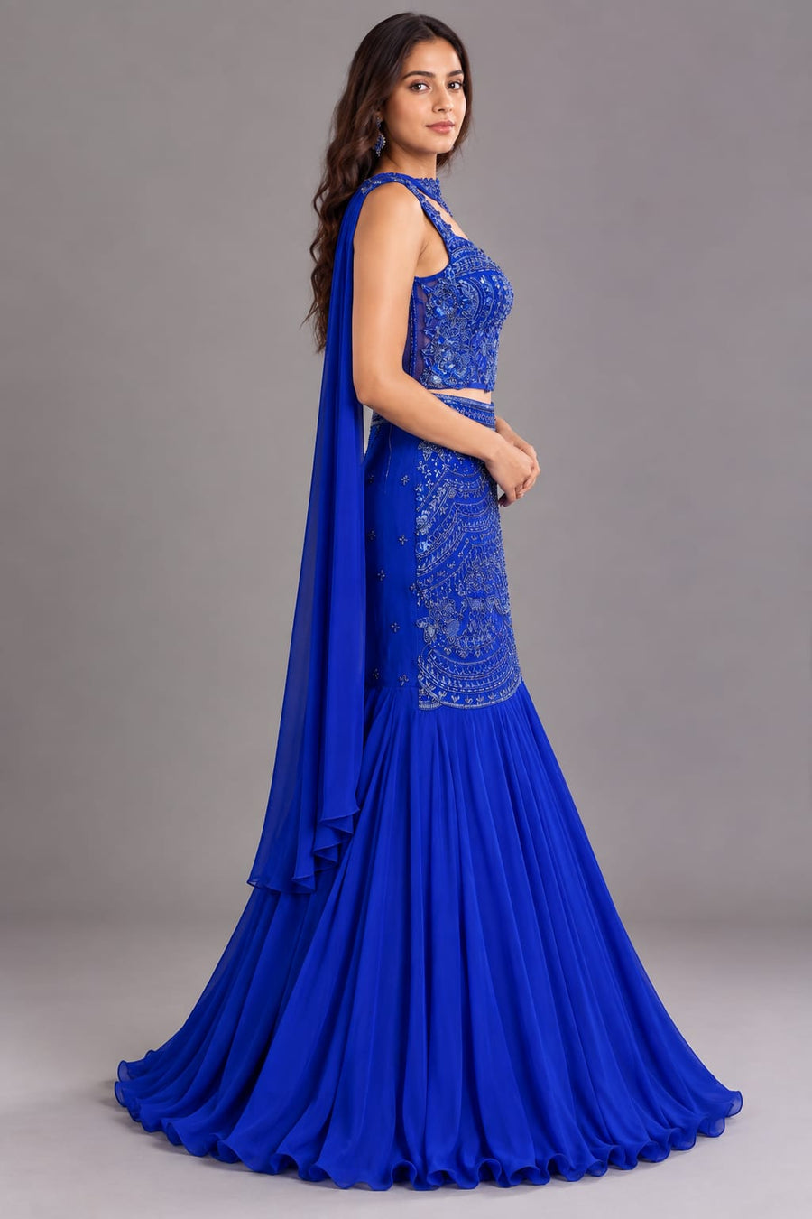 Royal Blue Embroidered Peplum Gown with Mermaid Silhouette
