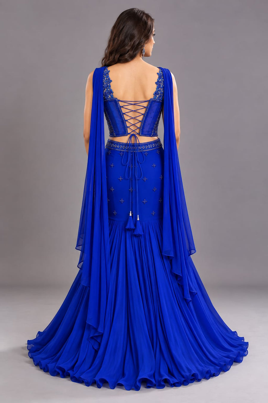 Royal Blue Embroidered Peplum Gown with Mermaid Silhouette