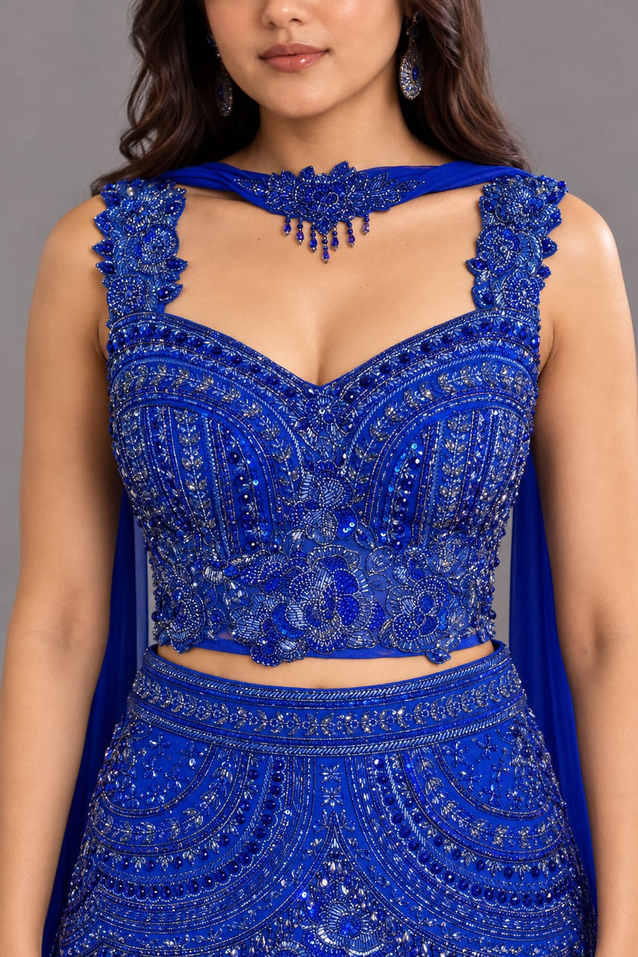 Royal Blue Embroidered Peplum Gown with Mermaid Silhouette