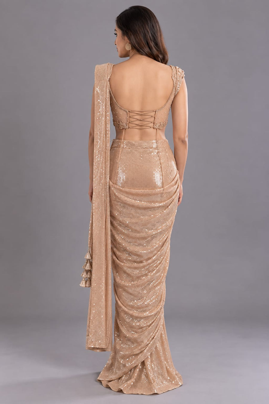 Orange Sequin Drape Saree with Embellished Blouse