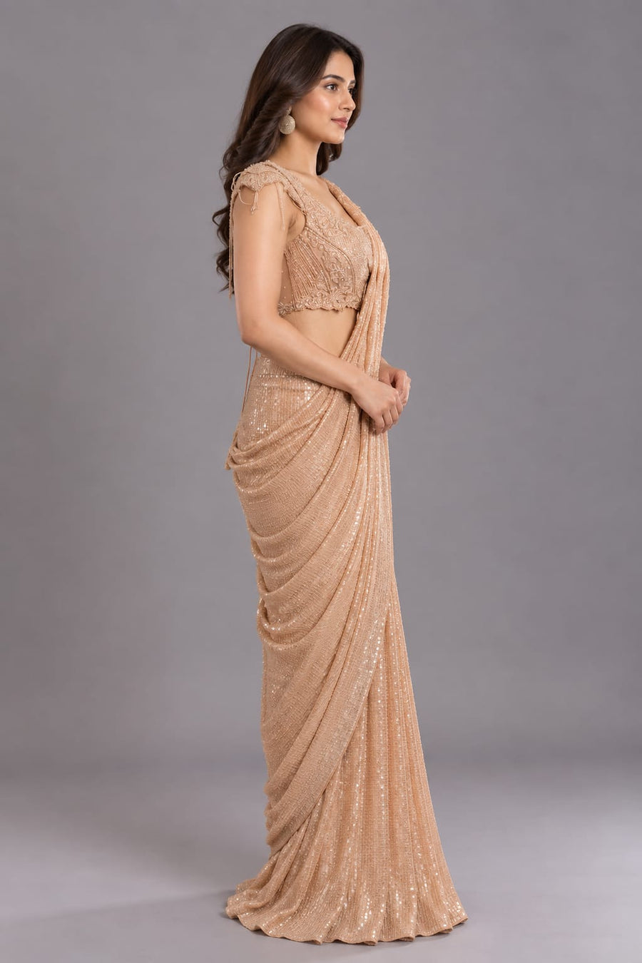 Orange Sequin Drape Saree with Embellished Blouse