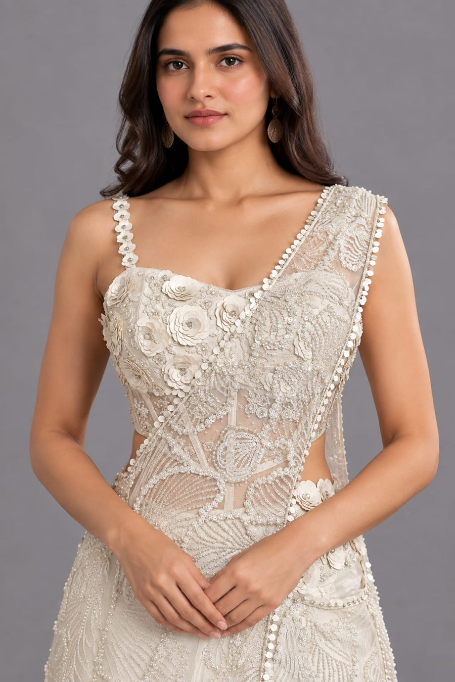 Off White Embellished Drape Saree with Corset Blouse