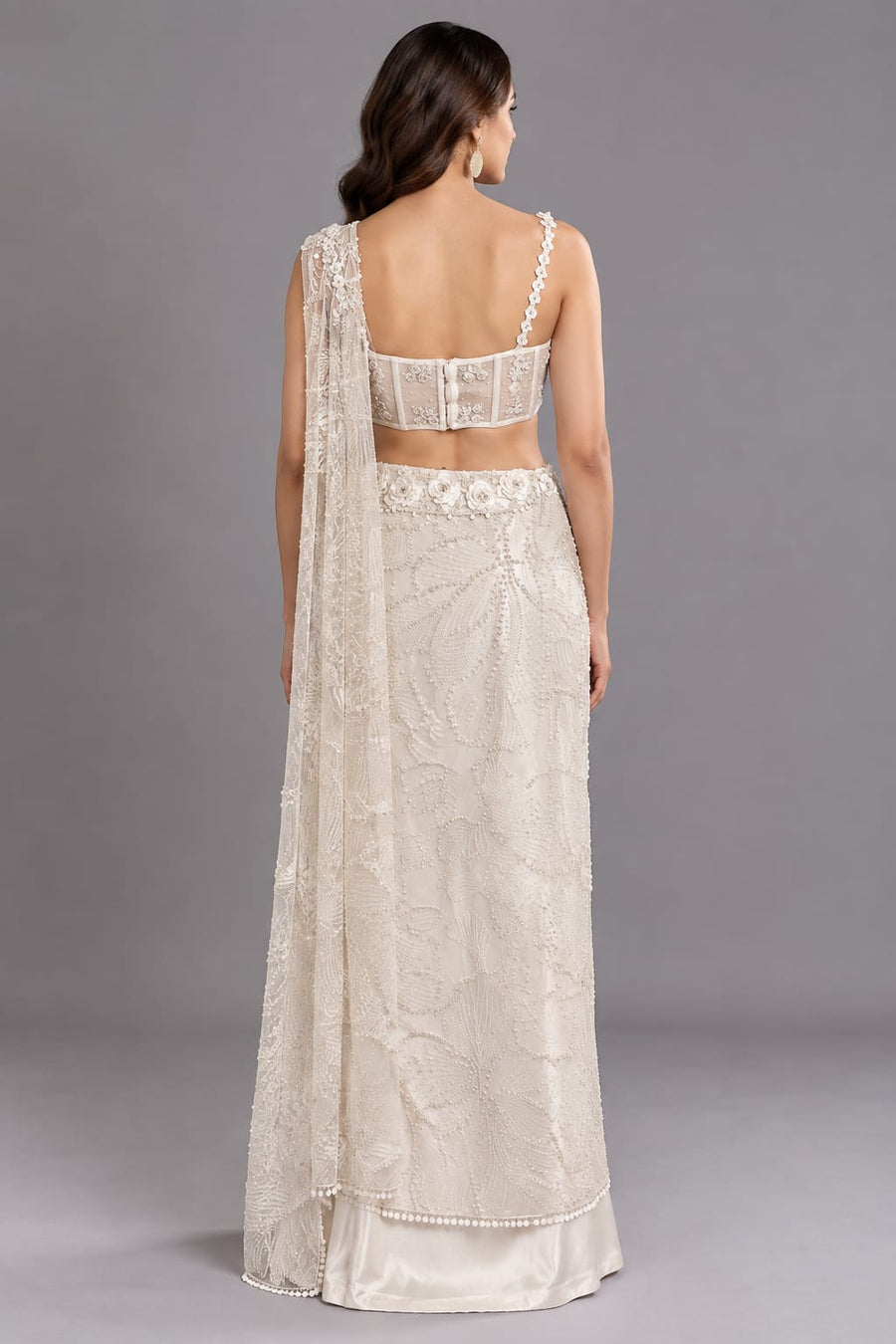 Off White Embellished Drape Saree with Corset Blouse