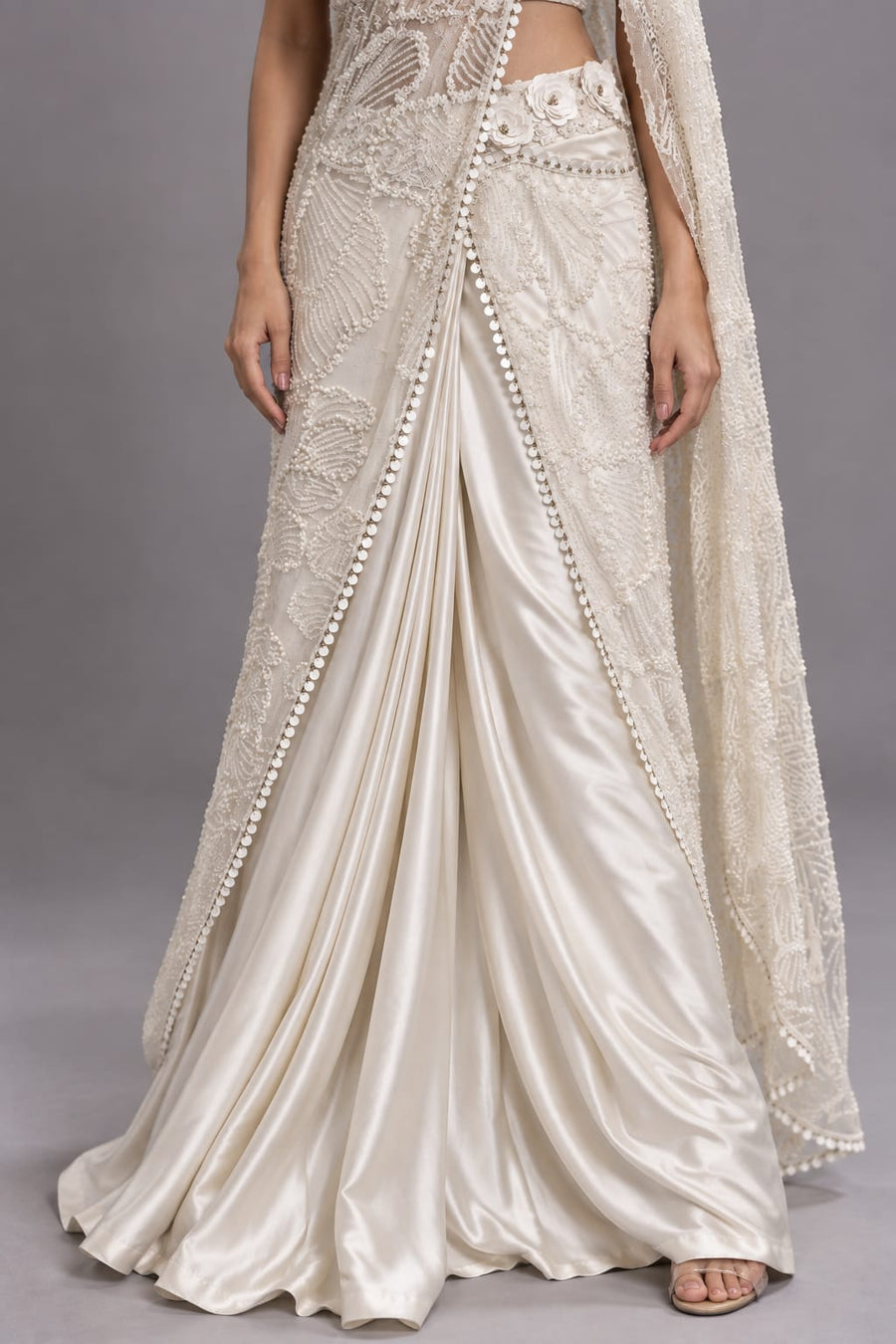Off White Embellished Drape Saree with Corset Blouse