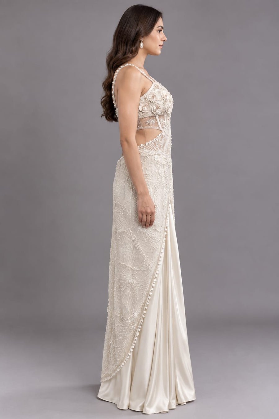 Off White Embellished Drape Saree with Corset Blouse