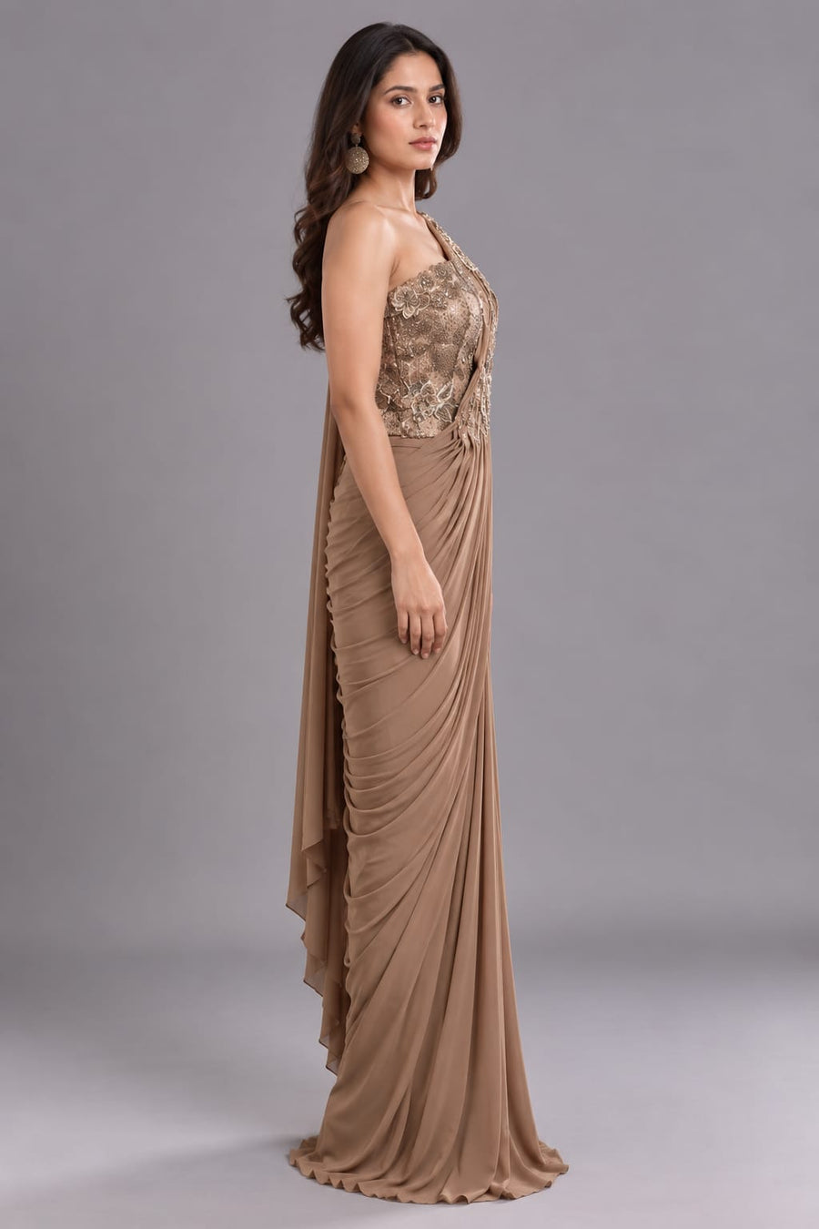 Brown Draped Saree with Embroidered Corset Blouse