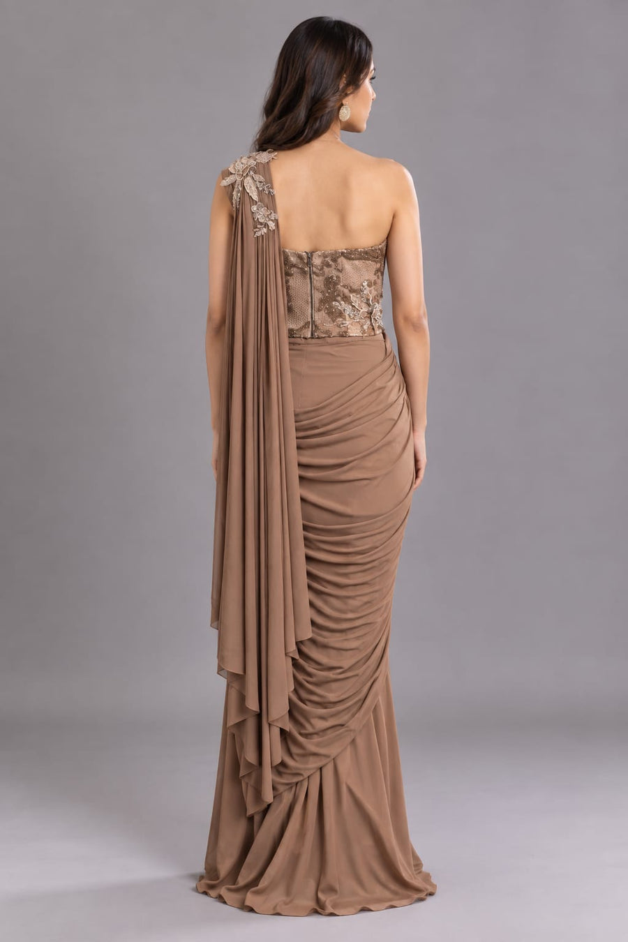Brown Draped Saree with Embroidered Corset Blouse
