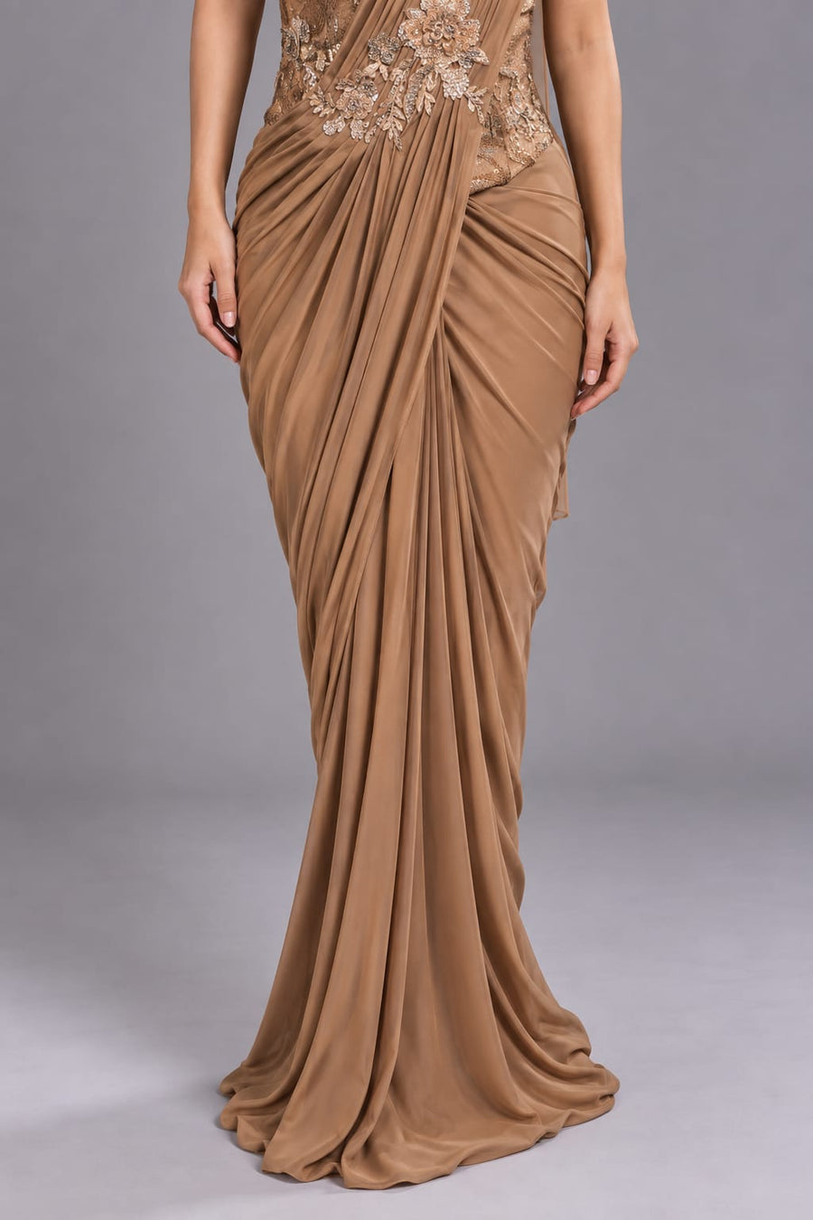 Brown Draped Saree with Embroidered Corset Blouse